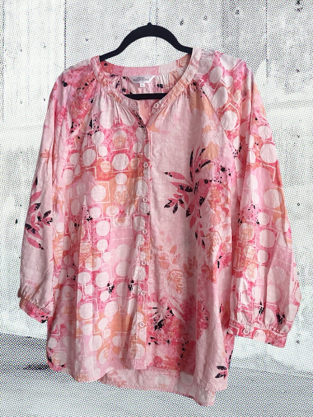 Pink Floral Abstract Print Blouse w 3/4 bishop sleeves. & relaxed fit!!! Size XL